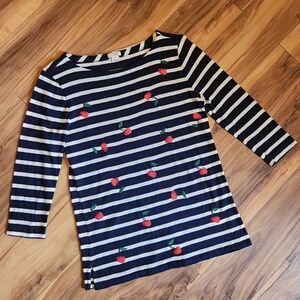 J.Crew Factory Navy Striped Breton Top 3/4 Sleeve with Cherry Embroidery Size XS